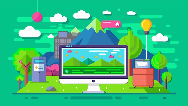 a computer screen with a picture of a mountain in the background