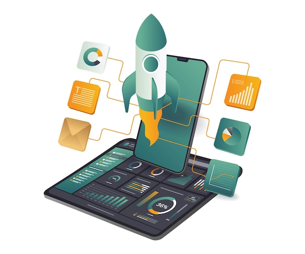 a computer screen with a rocket on the top of it