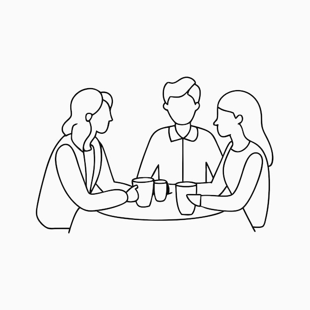 a continuous line drawing of three people sitting at a table and having a conversation