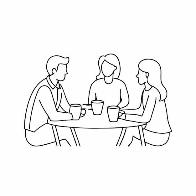 a continuous line drawing of three people sitting at a table and having a conversation