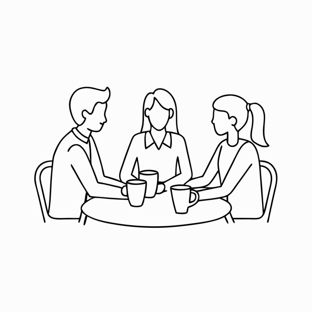 a continuous line drawing of three people sitting at a table and having a conversation