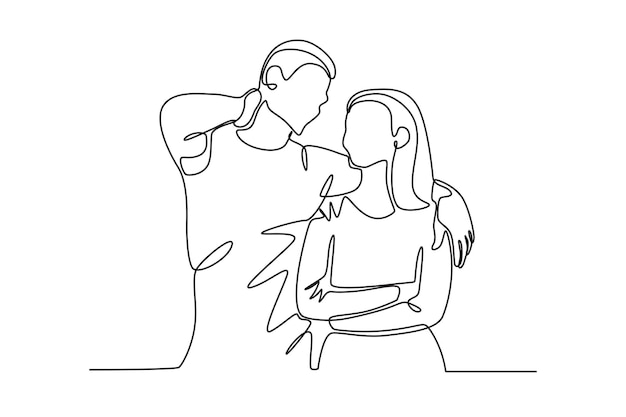 A couple taking a photo and being embraced by their boyfriend Couple oneline drawing