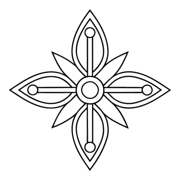 a crossshaped ornamental pattern featuring a tiny circle in the center and simple straight lines