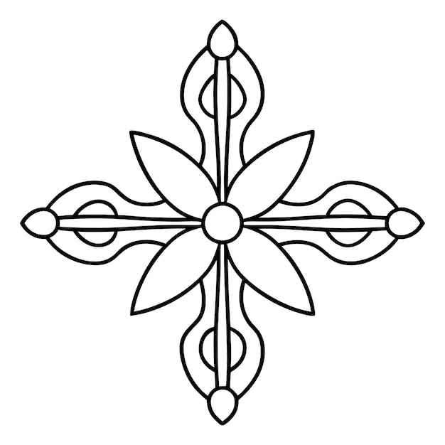 a crossshaped ornamental pattern featuring a tiny circle in the center and simple straight lines