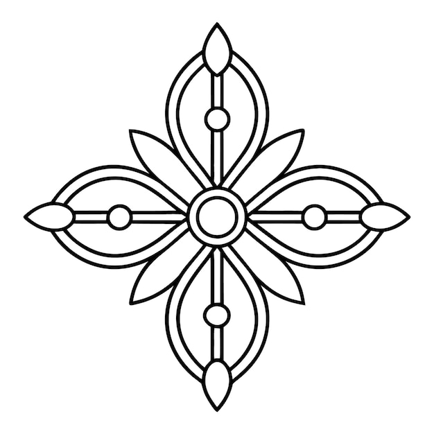a crossshaped ornamental pattern featuring a tiny circle in the center and simple straight lines