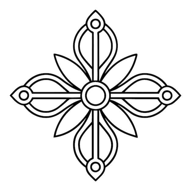 a crossshaped ornamental pattern featuring a tiny circle in the center and simple straight lines