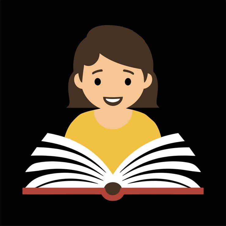 A cute little girl is reading or learning with the book flat icon
