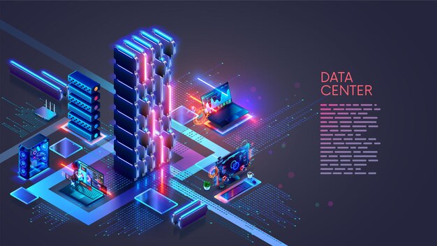 A data center with AI servers Users computers are connected via the Internet to a data center with Artificial Intelligence servers and cloud data storage Computer network and AI technology concept