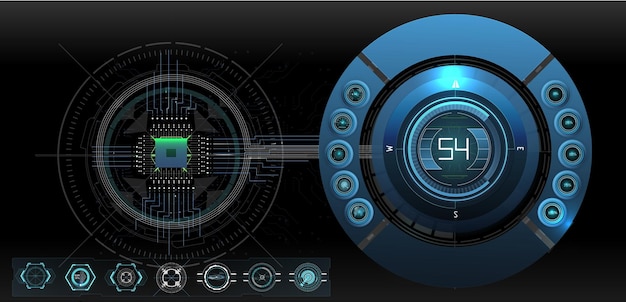 A detailed digital interface displays complex data metrics and visual elements The design emphasizes a hightech aesthetic with glowing graphics and interactive features