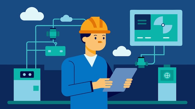 A detailed image of a factory worker monitoring the realtime data transmission on a tablet ensuring