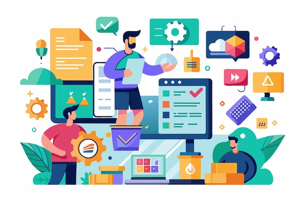 A diverse team collaborates on open source software development utilizing various tools and resources effectively Open source Customizable Disproportionate Illustration