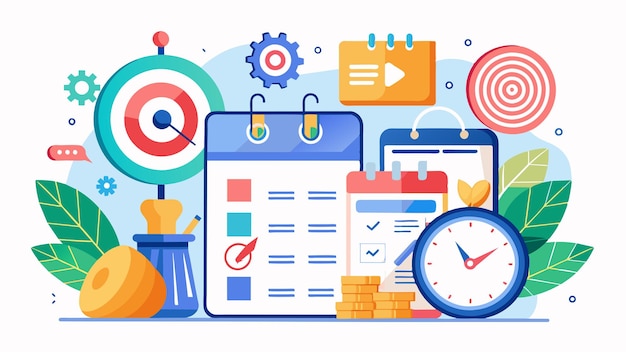 a drawing of a business card with a clock and some other things