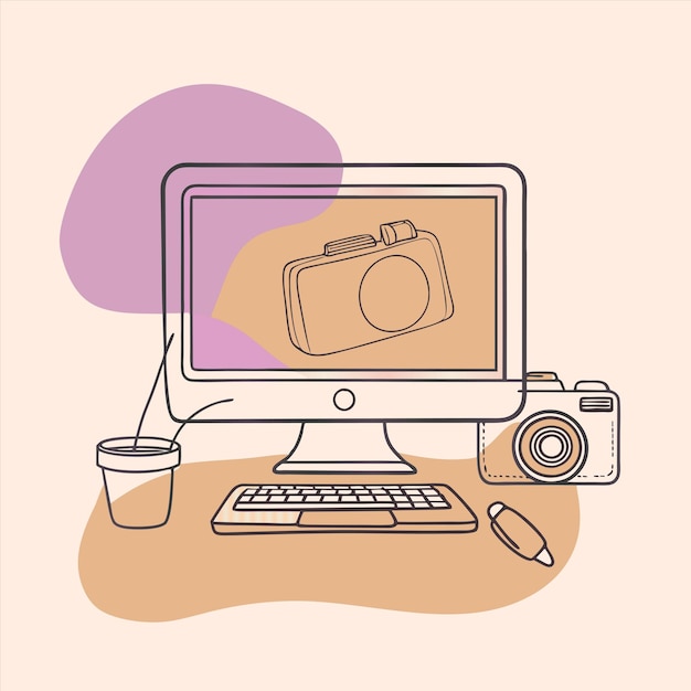 a drawing of a camera and a camera on a table