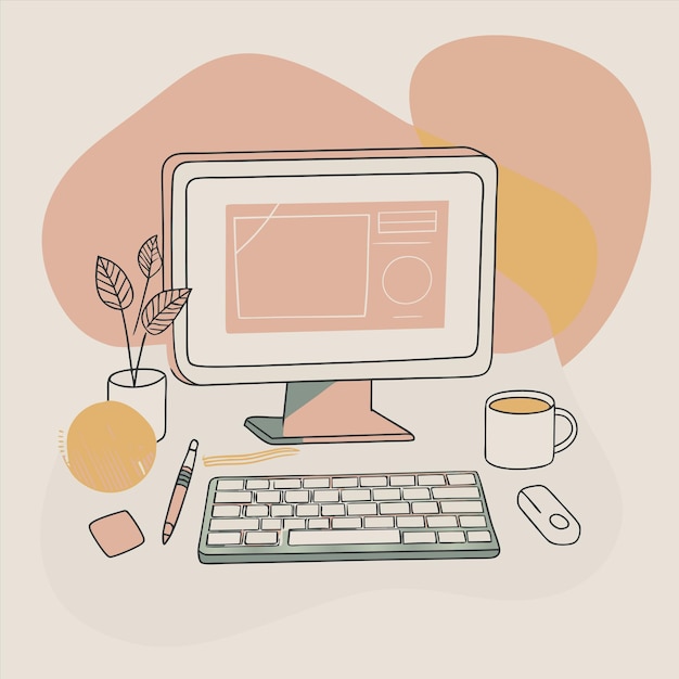 a drawing of a computer with a pencil and a cup of coffee