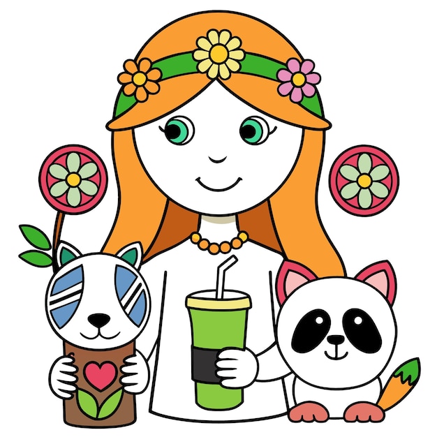 a drawing of a girl with flowers and a cat and a panda