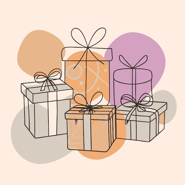 a drawing of a group of boxes with a purple background with a ribbon around the top