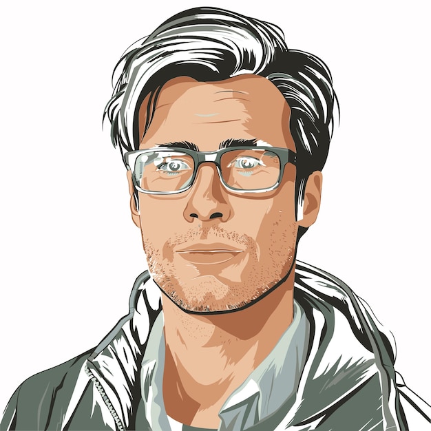 a drawing of a man wearing glasses and a jacket with a picture of a man wearing glasses