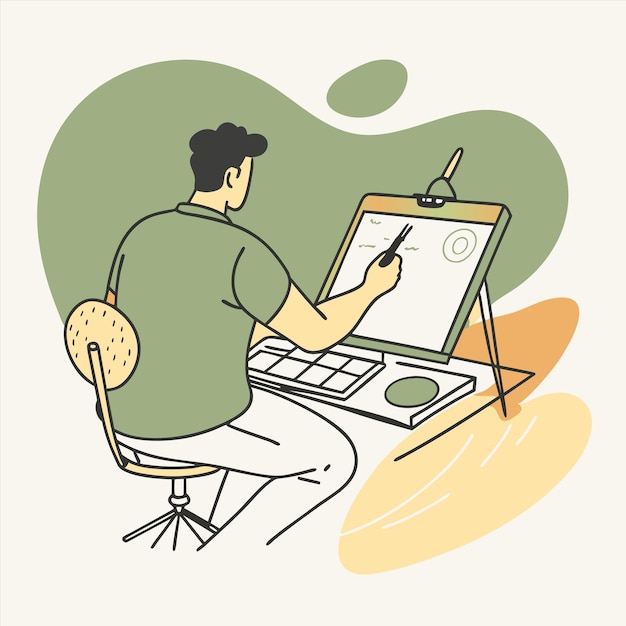 a drawing of a man with a pencil on his lap