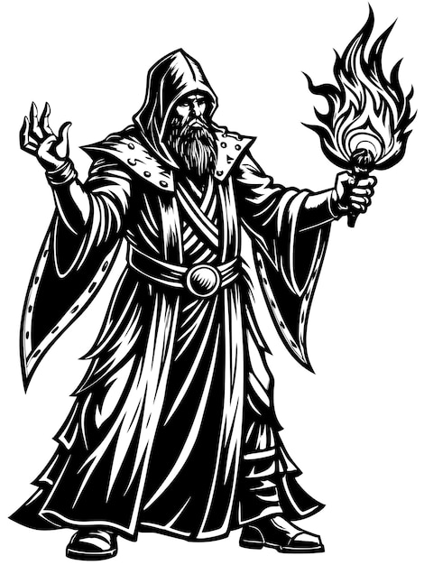 a drawing of a man with a sword and a fire