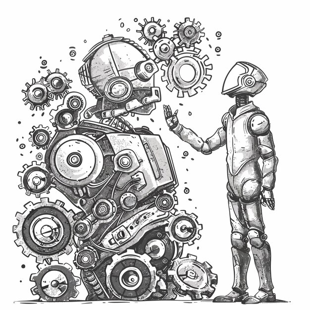 a drawing of a robot with a robot and gears on it