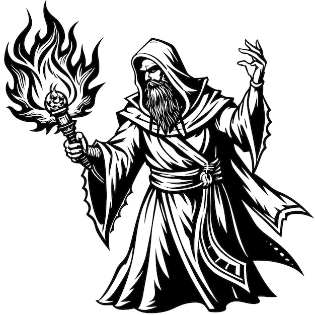 a drawing of a wizard with a burning flame