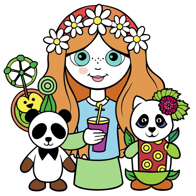 a drawing of a woman with two pandas and two pandas