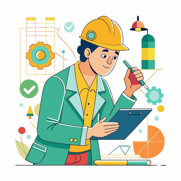 a drawing of a worker with a pencil and a bottle of oil