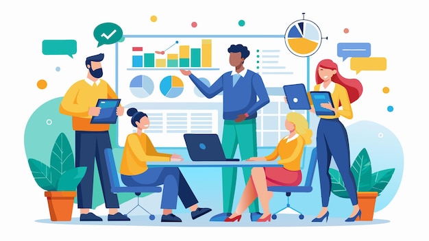 a drawing of people working in a meeting room with a chart showing the people working with their laptops