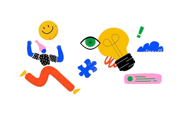 A dynamic illustration with a stylized figure moving towards different abstract figures