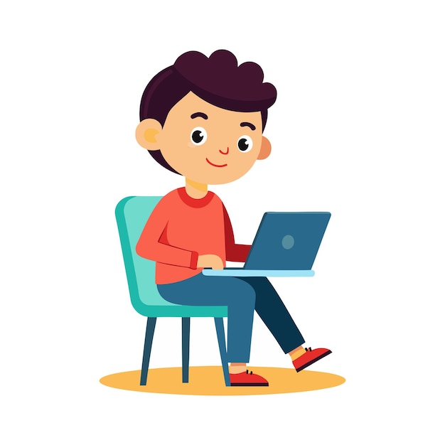 a flat illustration of a boy sitting and using a laptop face front a red shirt