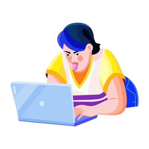 A flat illustration of tongue out character using laptop