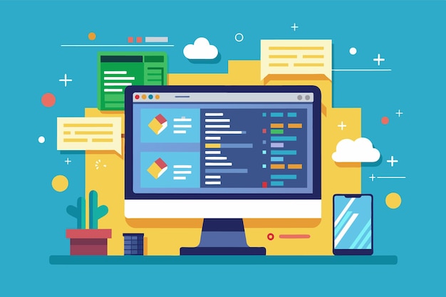 A flat vector illustration depicting a desktop computer with a code editor open a smartphone and a plant on a desk with a blue background