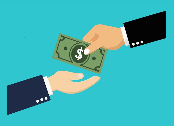 A flat vector Money passes between human hands Pay for something
