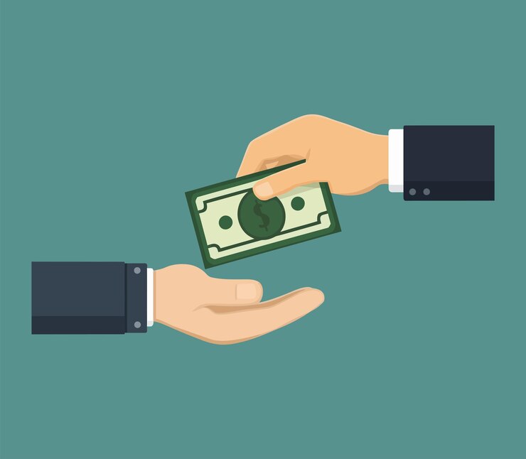 A flat vector Money passes between human hands Pay for something