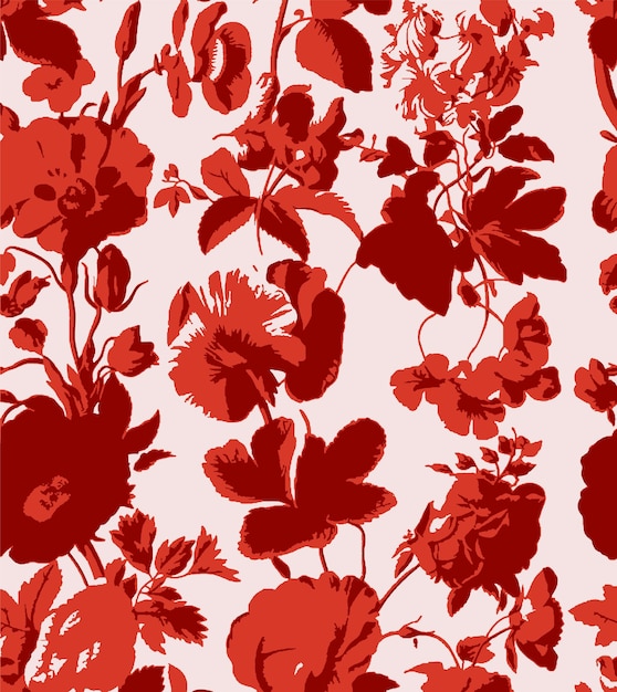 a floral pattern with red flowers on a pink background