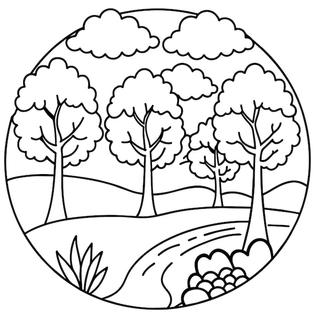 a forest with trees and a white background with a girl sleeping in it