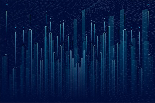 A futuristic data visualization with glowing blue bars representing growth and progress in a dynamic digital landscape