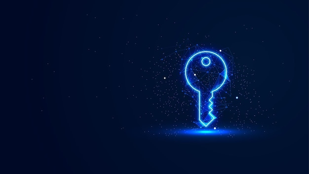 A futuristic glowing key symbol with plexus lines and glitter particles A key in the neon light