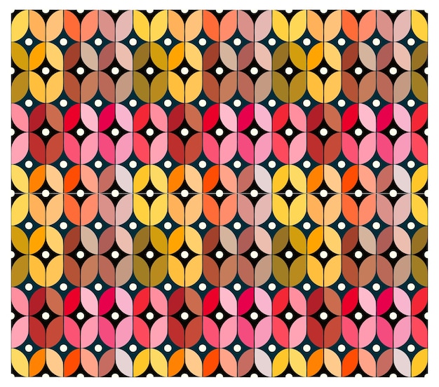 A geometric pattern interlocking shapes in warm colors by black and white dots a retro design