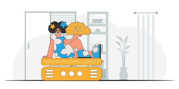 a girl displaying an ai brain in a fashionable style, vector illustration.
