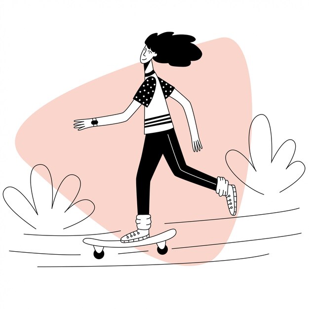 A girl rides a skateboard on a summer day