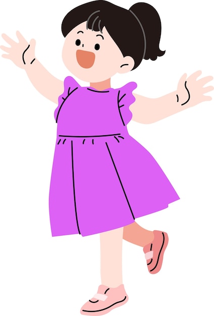 A girl smiling happily She is wearing a purple dress