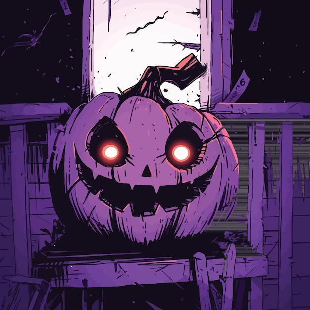A glowing jackolantern with a mischievous smile sitting on a porch Vector Illustration