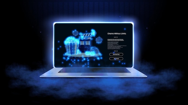 A glowing laptop displays a digital movie theater with illuminated popcorn creating a cinematic experience in a futuristic realm