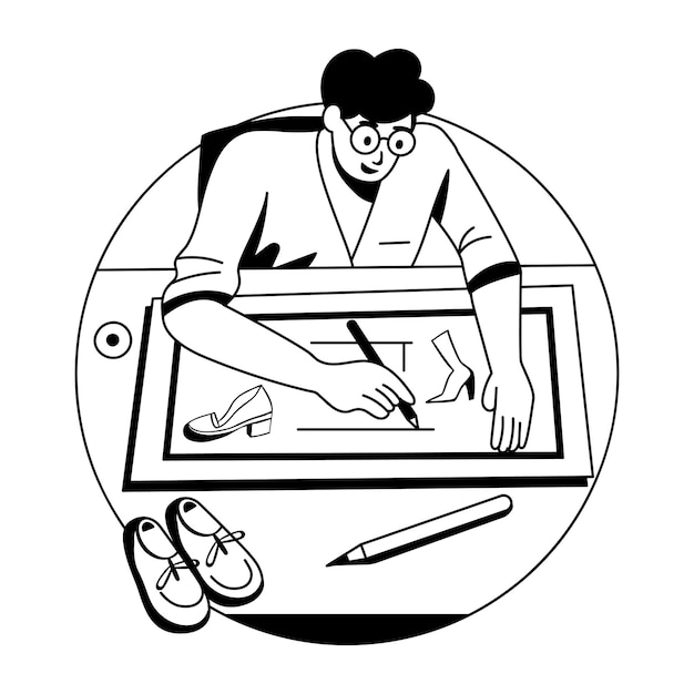 A glyph illustration of a character doing shoe sketching
