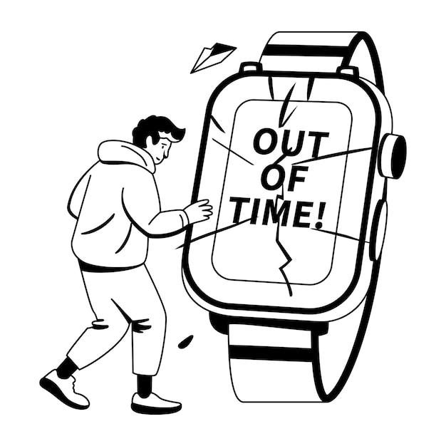 A glyph illustration of character worried about his broken watch