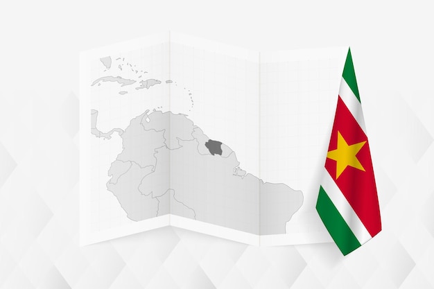 A grayscale map of Suriname with a hanging Surinamese flag on one side