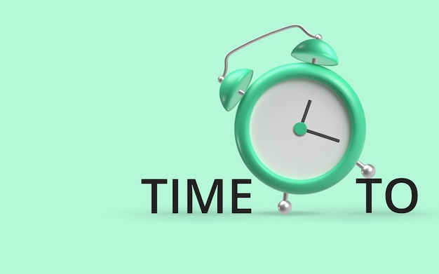 A green alarm clock with the word time to Realistic 3d vector render