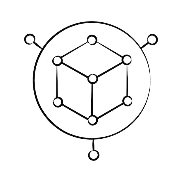 A hand drawn icon depicting 3d cube with nodes