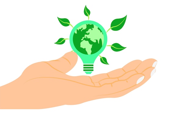 A hand holding a light bulb with the world in it